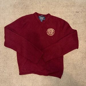 Abercrombie & Fitch Men's Wool V-Neck Wine Sweater with Embroidered Crest Size L